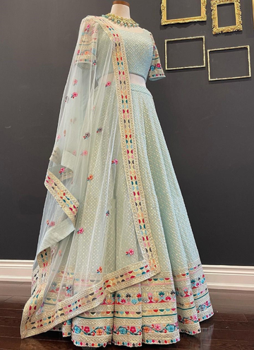 Sky Blue Color Multi Thread Faux Georgette Semi-Stitched Lehenga